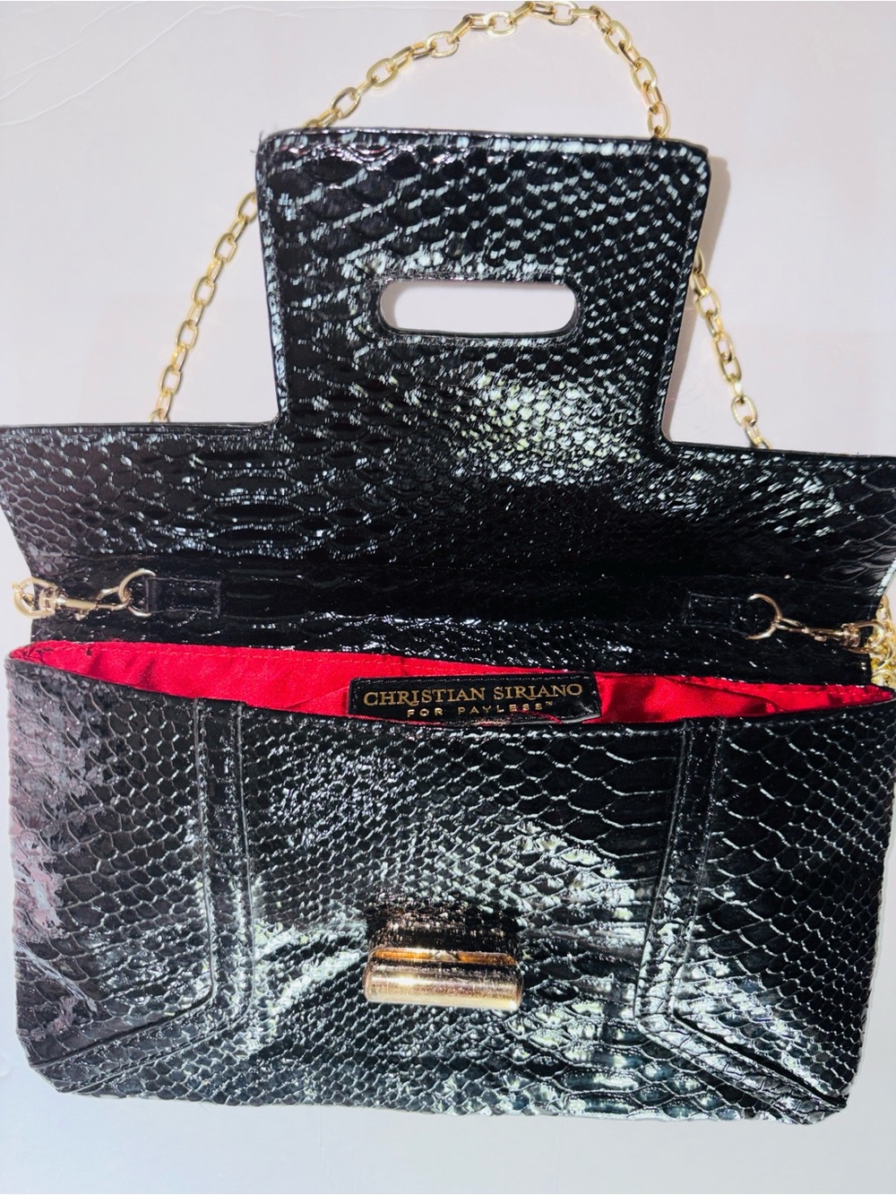 Christian Siriano Black Faux Snake Leather Clutch with Gold Chain